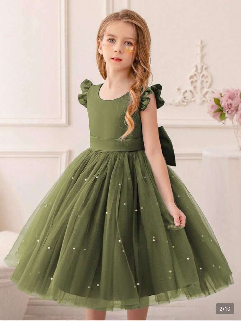 Olive Green Girls' Tulle Party Dress with Pearls